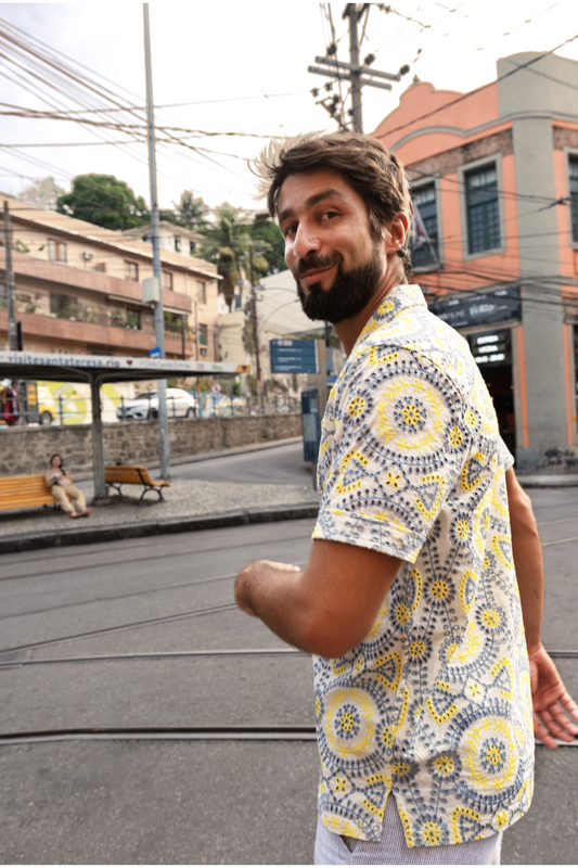 leela lace short sleeve shirt in yellow and blue
