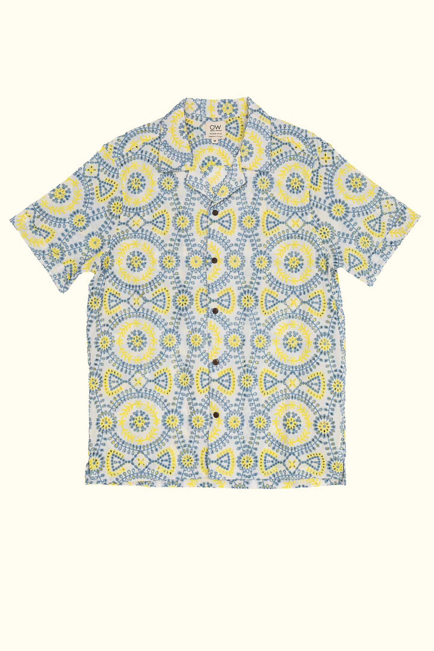 leela lace short sleeve shirt in yellow and blue