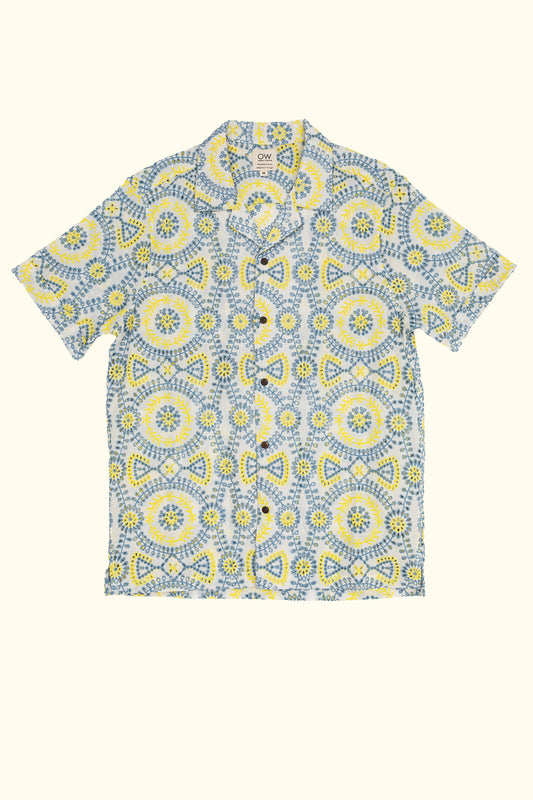 leela lace short sleeve shirt in yellow and blue